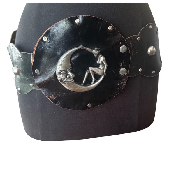 Handmade Accessories - Vintage Handmade Black Leather Celestial Moon Nude Lady Studded Wide Waist Belt